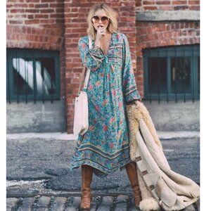 SPELL Folk Town Boho Midi Dress Turquoise Floral Long Sleeve RARE Small